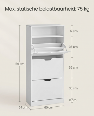 Schoenenkast – Voor 14–18 Paar Schoenen – Smal En Hoog Model – Verstelbare Indeling – 60 cm Breed