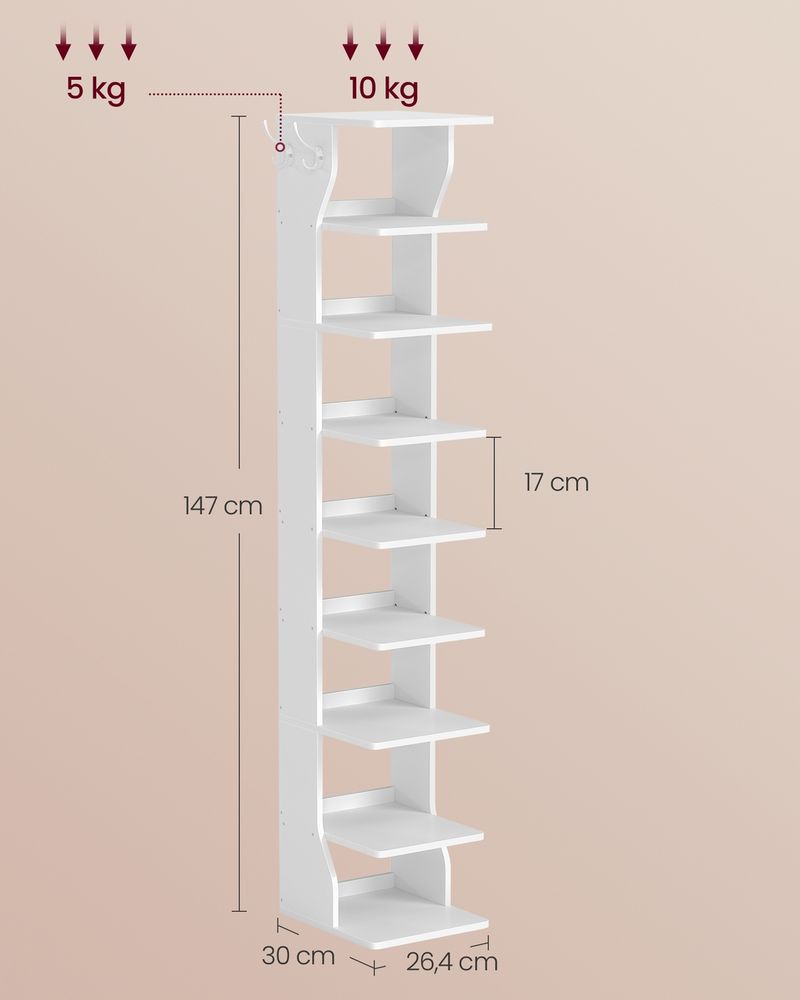 Schoenenrek Smal – 9 Lagen – Met Haken – 147 cm Hoog – Voor Hal of Slaapkamer