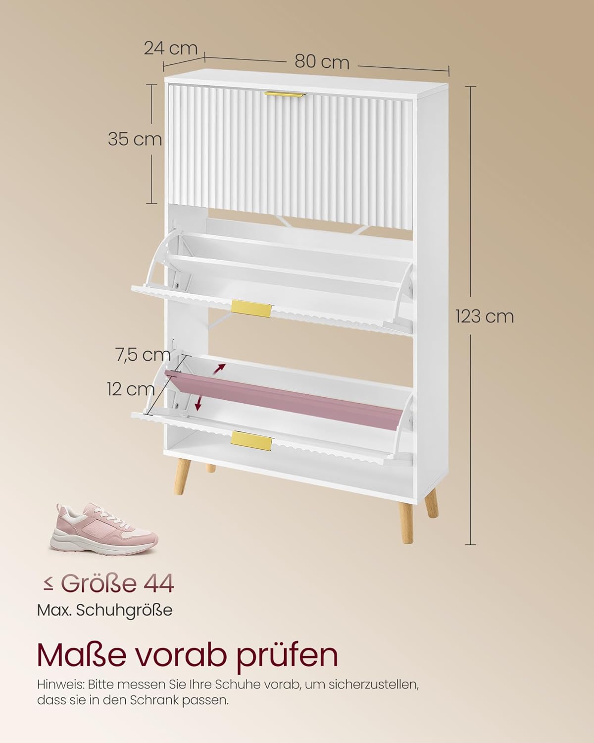 Schoenenkast Met 3 Kleppen – Mid Century Modern – Geribbelde Deuren – Voor 18-24 Paar Schoenen – Wolkenwit – 80 x 24 x 123 cm