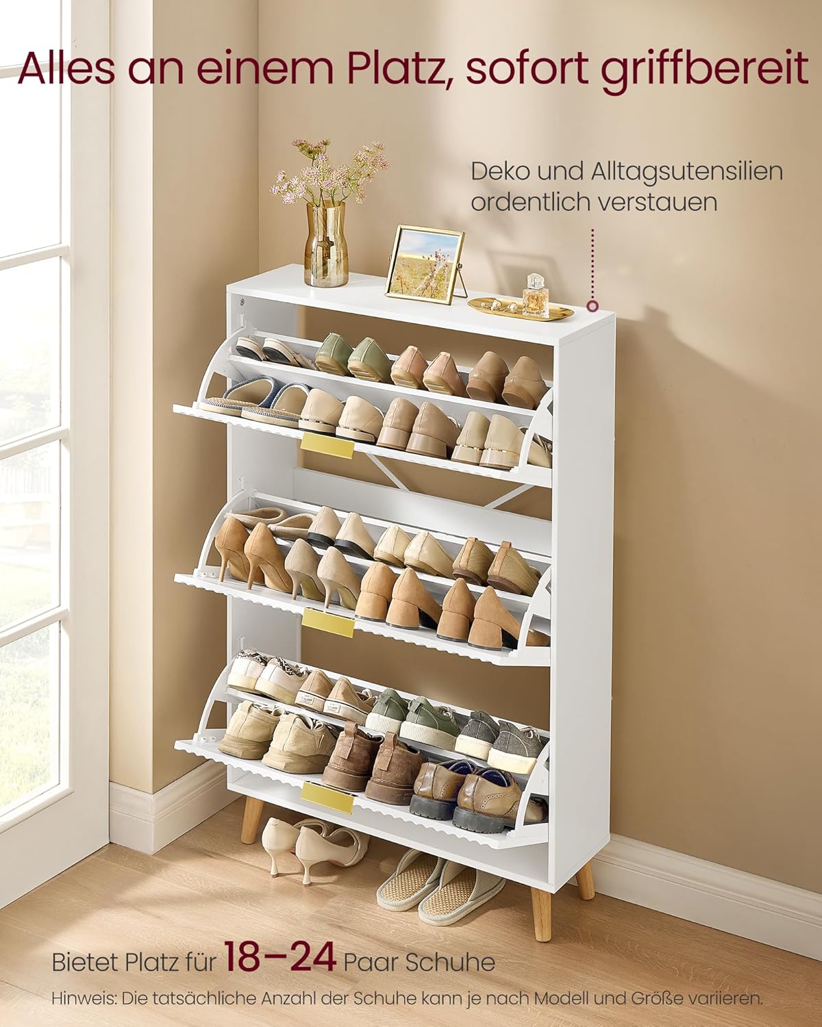 Schoenenkast Met 3 Kleppen – Mid Century Modern – Geribbelde Deuren – Voor 18-24 Paar Schoenen – Wolkenwit – 80 x 24 x 123 cm