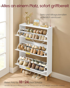 Schoenenkast Met 3 Kleppen – Mid Century Modern – Geribbelde Deuren – Voor 18-24 Paar Schoenen – Wolkenwit – 80 x 24 x 123 cm