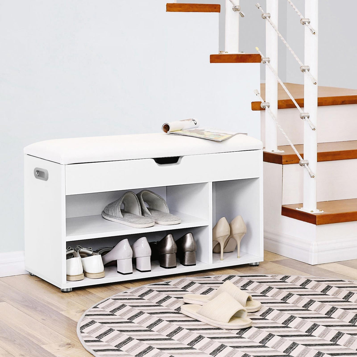 Schoenenbank met Opbergruimte 80 cm – Wit met Zitkussen – Halmeubel / Schoenenkast tot 150 kg