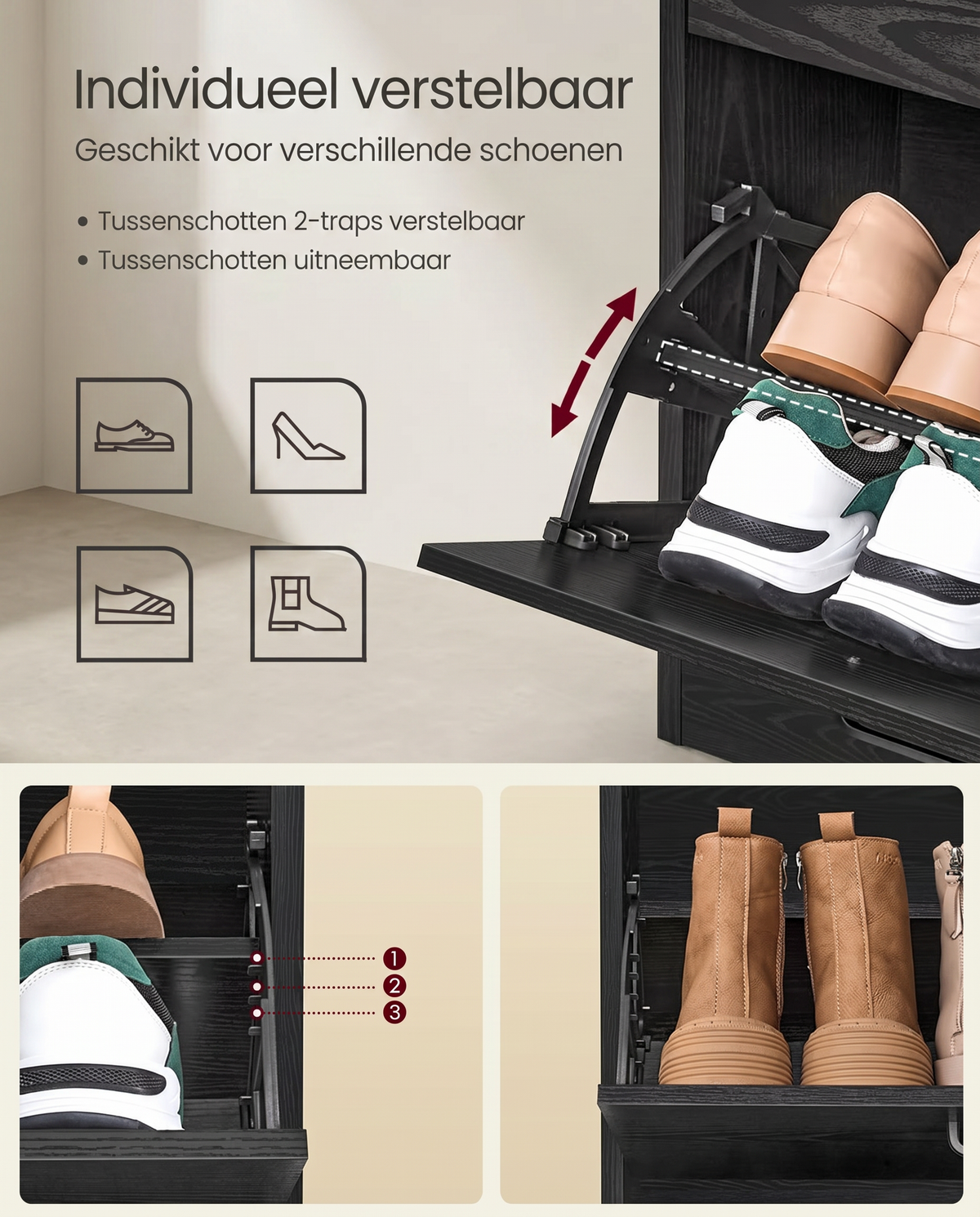 Schoenenkast met 4 Kleppen - Smal Design - Verstelbare Vakken