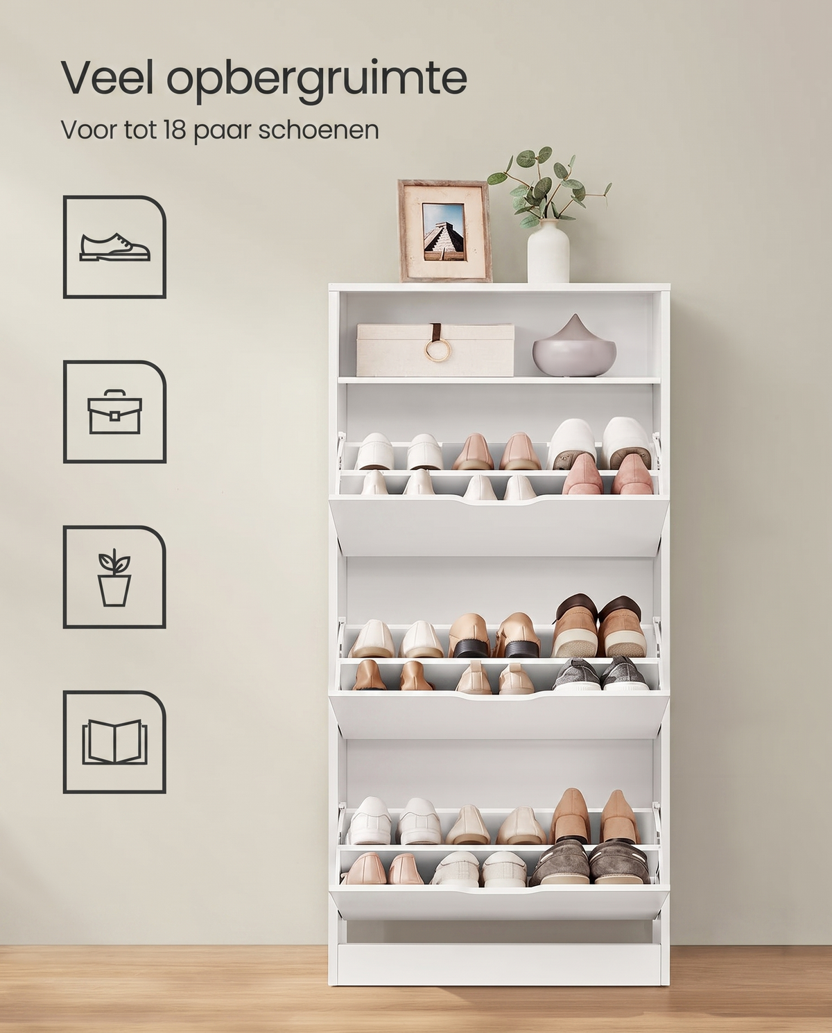 Schoenenkast – Voor 14–18 Paar Schoenen – Smal En Hoog Model – Verstelbare Indeling – 60 cm Breed