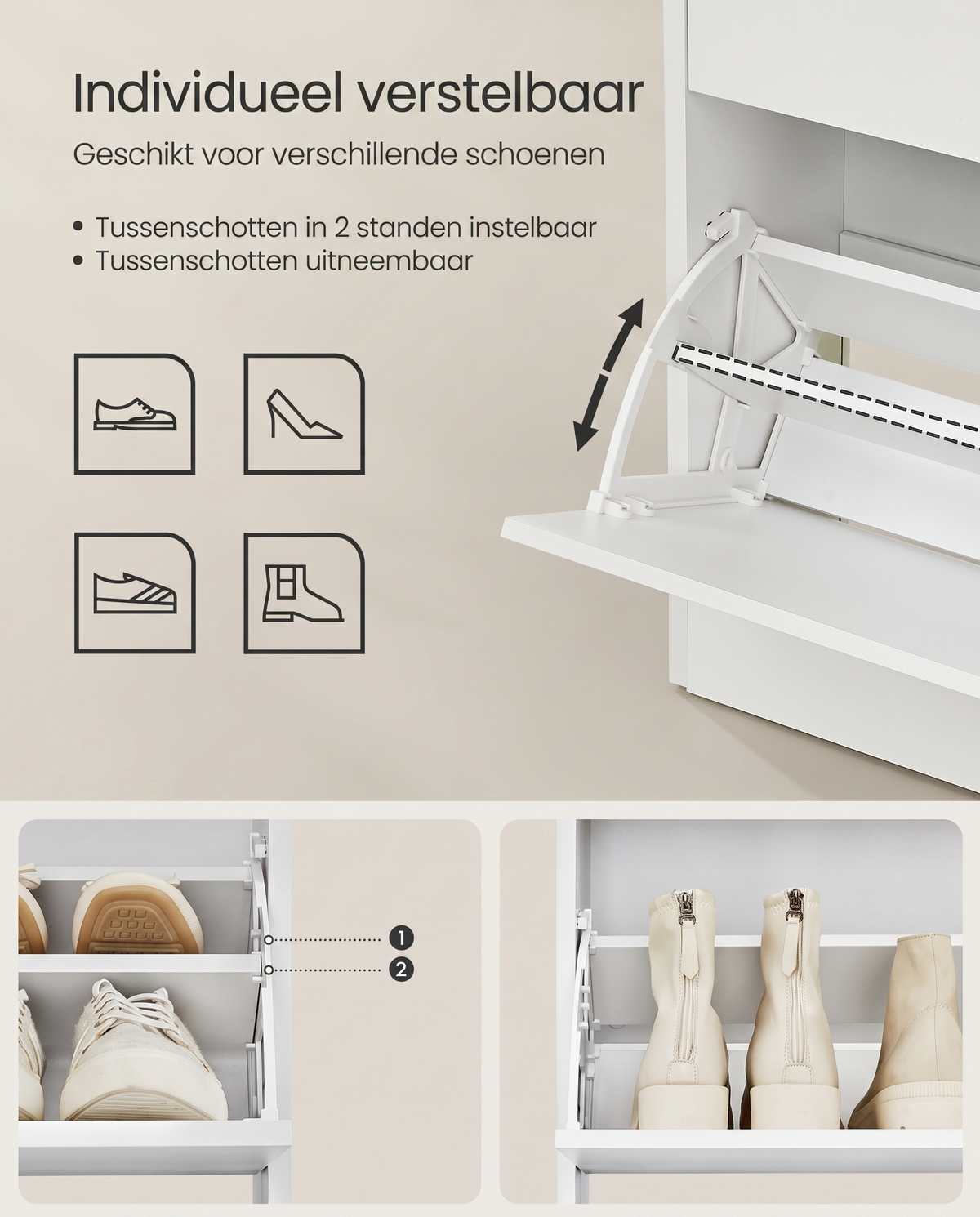 Schoenenkast – Voor 14–18 Paar Schoenen – Smal En Hoog Model – Verstelbare Indeling – 60 cm Breed