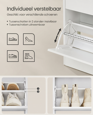 Schoenenkast – Voor 14–18 Paar Schoenen – Smal En Hoog Model – Verstelbare Indeling – 60 cm Breed
