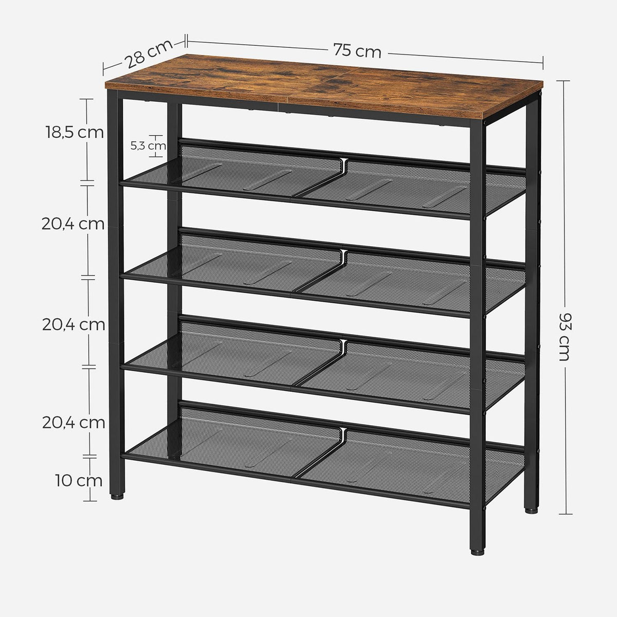 Schoenenrek 5 Lagen – Industriële Schoenenkast – Schoenenrek voor 20-25 Paar – 75 x 28 x 93 cm