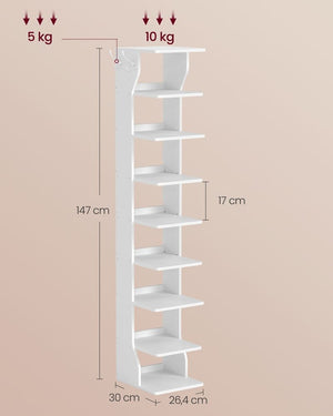 Schoenenrek Smal – 9 Lagen – Met Haken – 147 cm Hoog – Voor Hal of Slaapkamer
