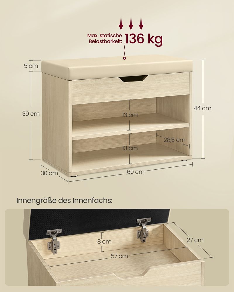 Schoenenbank met Klep en Vakken 60 cm – Opbergbank met Zitkussen – Multifunctioneel