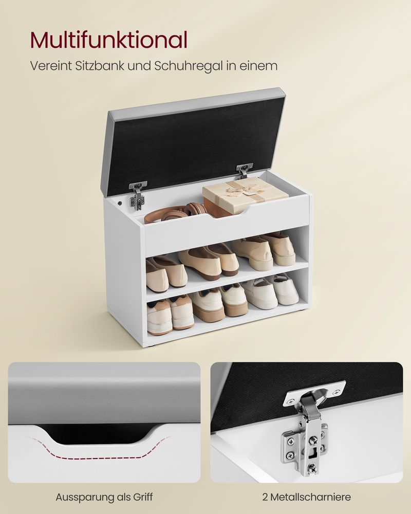 Schoenenbank met Klep en Vakken 60 cm – Opbergbank met Zitkussen – Multifunctioneel