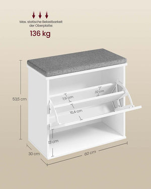 Schoenenbank Met Opbergruimte – Met Kussen – Verstelbare Indeling – Landelijk Design – Draagkracht 136 kg
