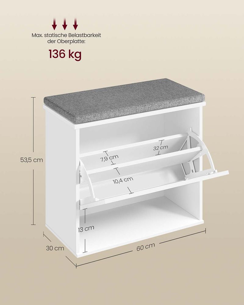Schoenenbank Met Opbergruimte – Met Kussen – Verstelbare Indeling – Landelijk Design – Draagkracht 136 kg
